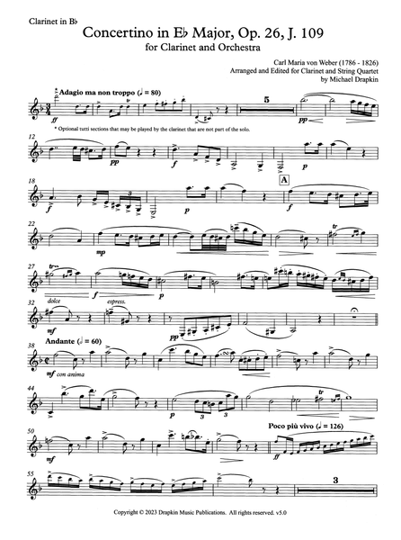 Weber Concertino Op 26 Arranged For Clarinet And String Quartet Camco Camco Music Llc 